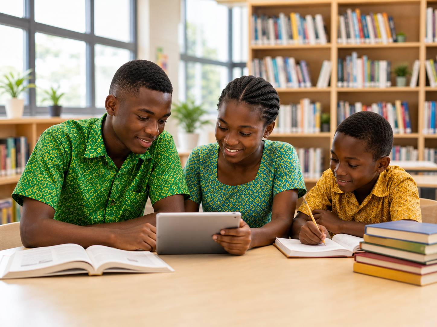 Students studying together with books and a tablet in a library